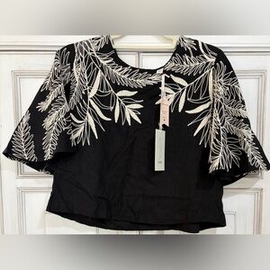 NWT SZ M Joie Black Short-Sleeve Top with Ivory Leaf Embroidery
